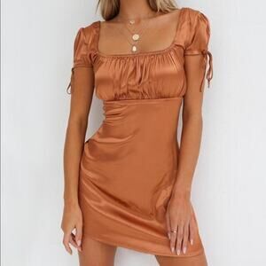 Tiger Mist Tyra Short Sleeve Satin Mini Dress Copper Brown Small